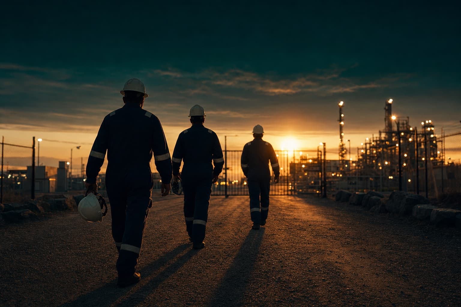 Workers in hard hats walking home safely at the end of a shift toward a lit facility at sunset, reflecting the Ceraphys Labs vision of everyone home and everything intact