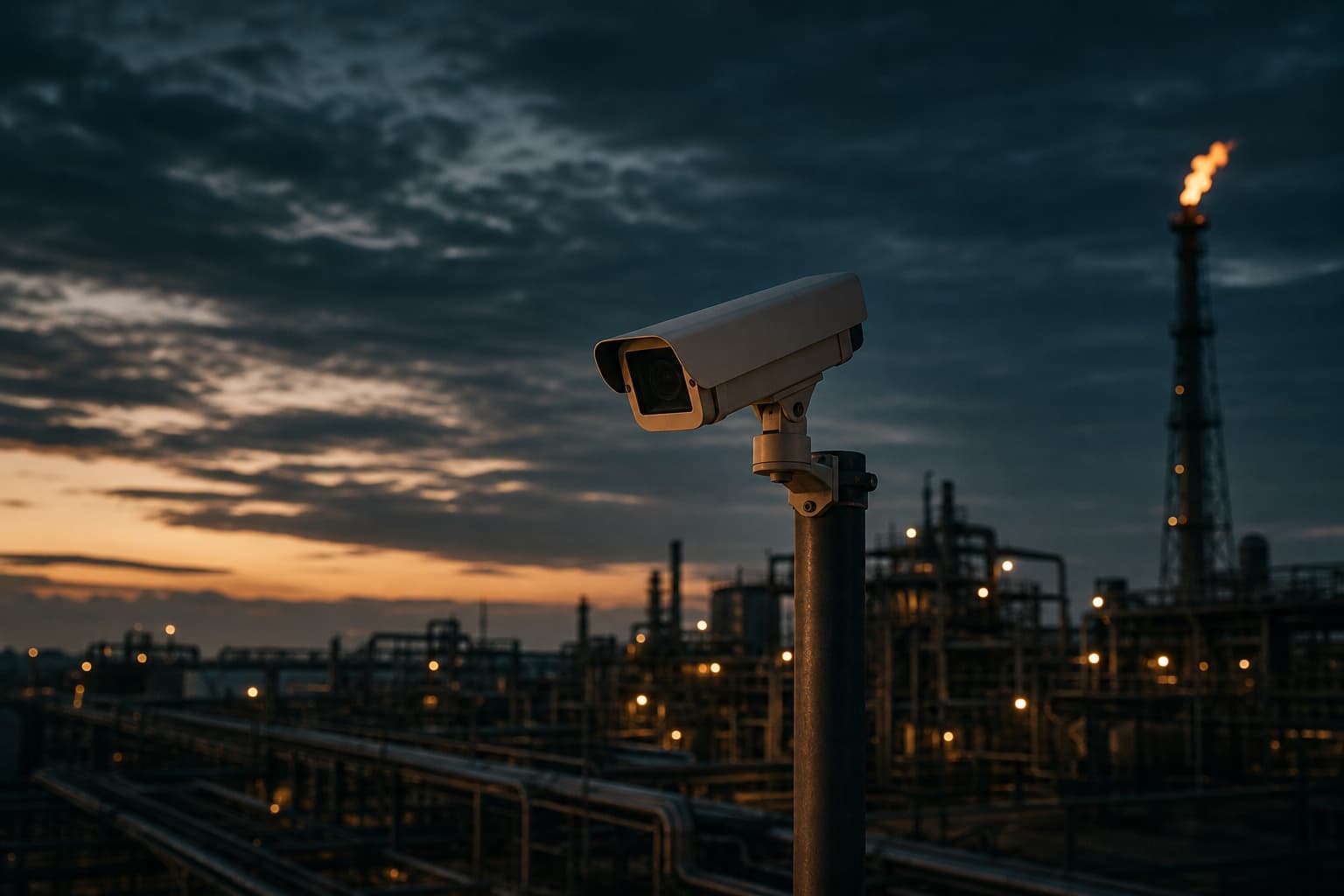 A CCTV security camera overlooking an industrial facility at dusk, representing the existing cameras Ceraphys Labs turns into a real-time intelligence system
