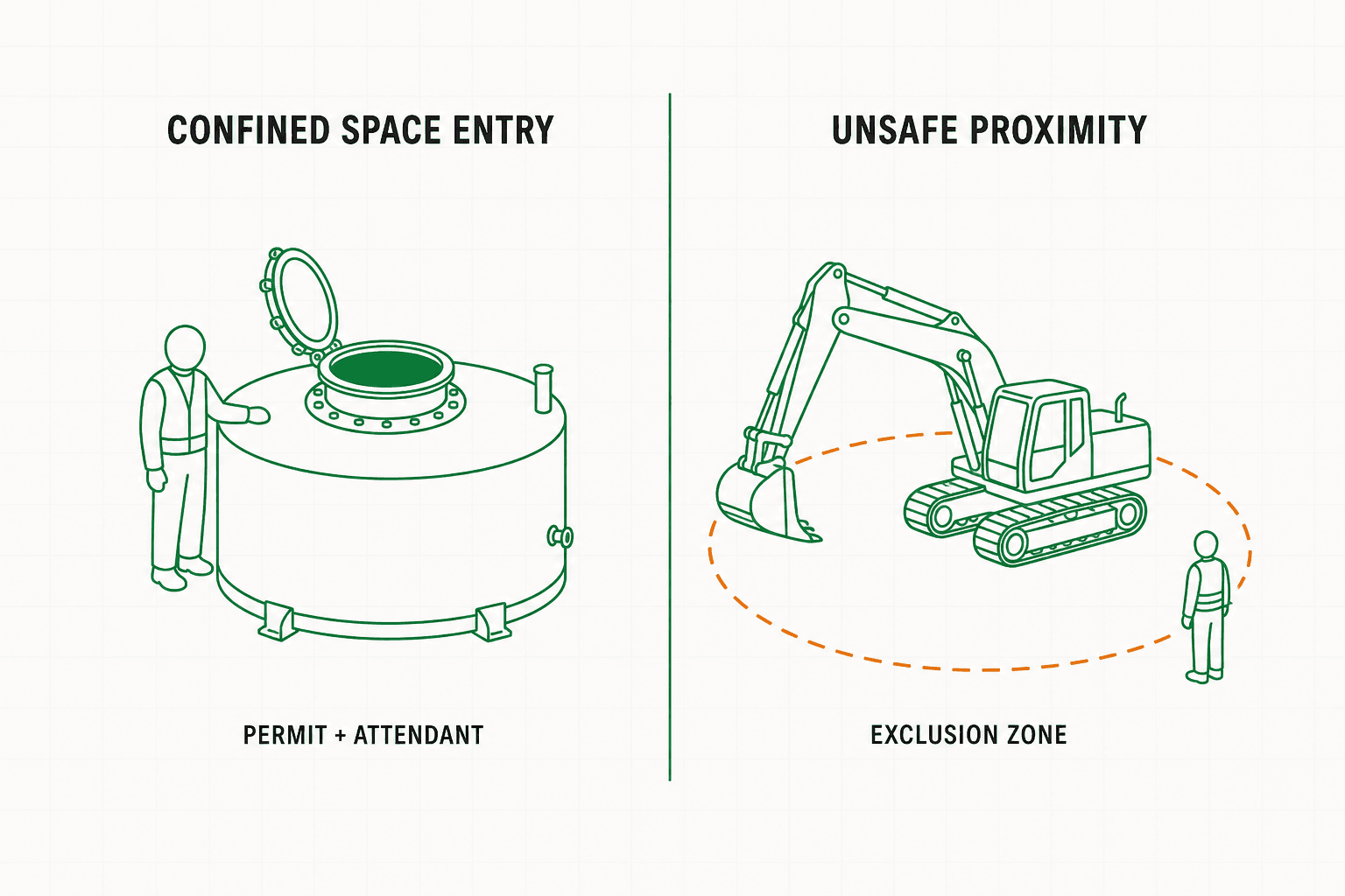 Two-panel safety diagram: permit-required confined-space entry with an attendant at the hatch, and unsafe proximity showing a worker inside an excavator swing-radius exclusion zone